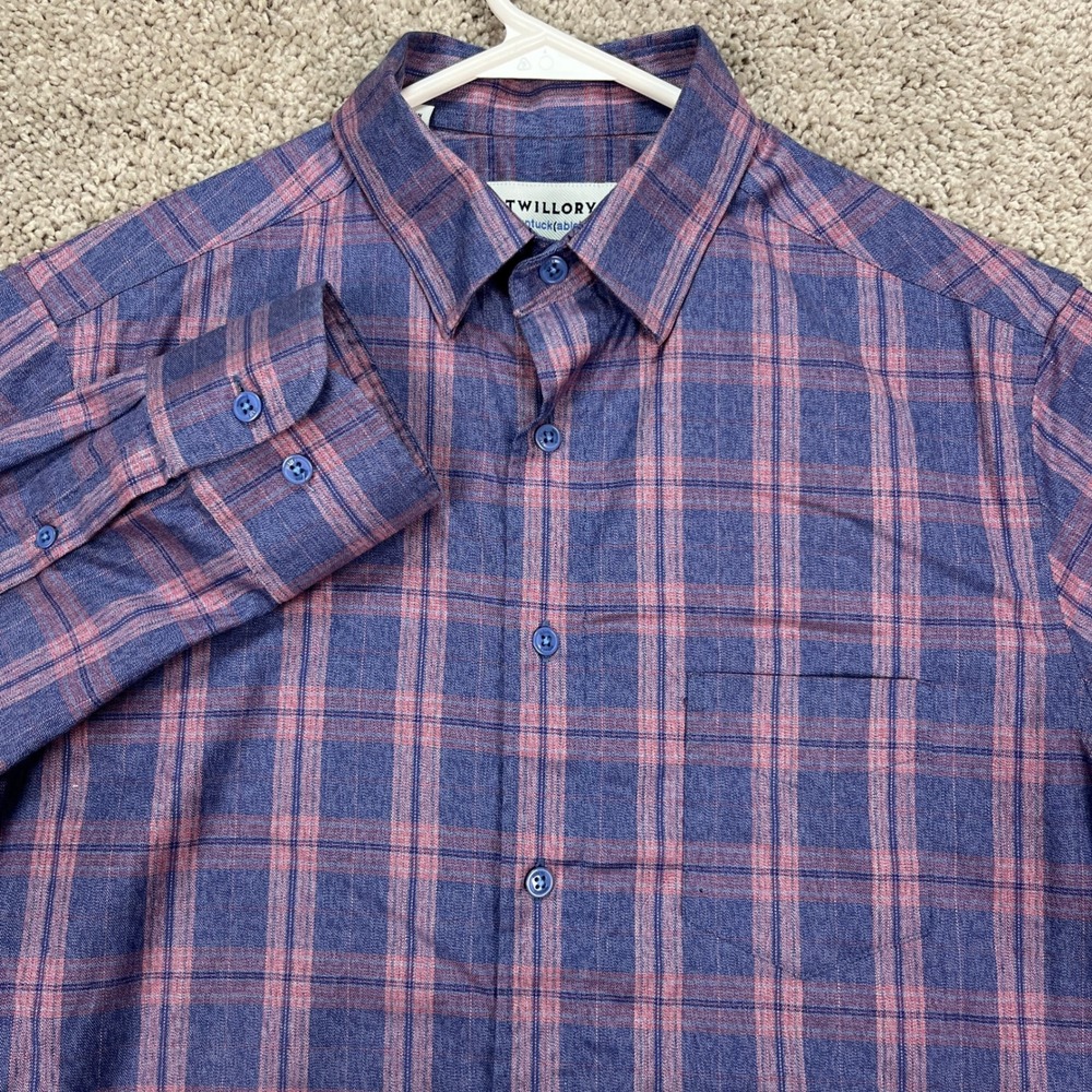 Twillory Untuckable Shirt Mens S Blue Pink Plaid Long Sleeve‎ Button Down EUC